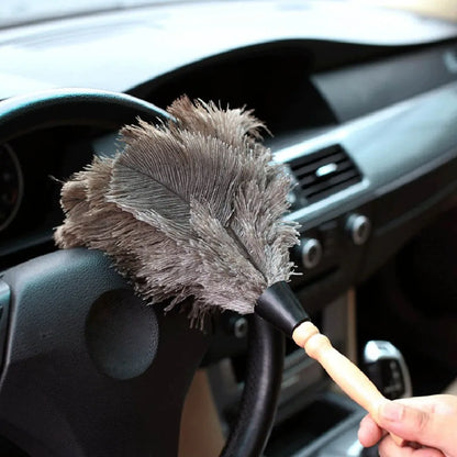 Ostrich Feather Dusting Brush – Wooden Handle Anti-Static Household & Car Cleaning Duster Tool