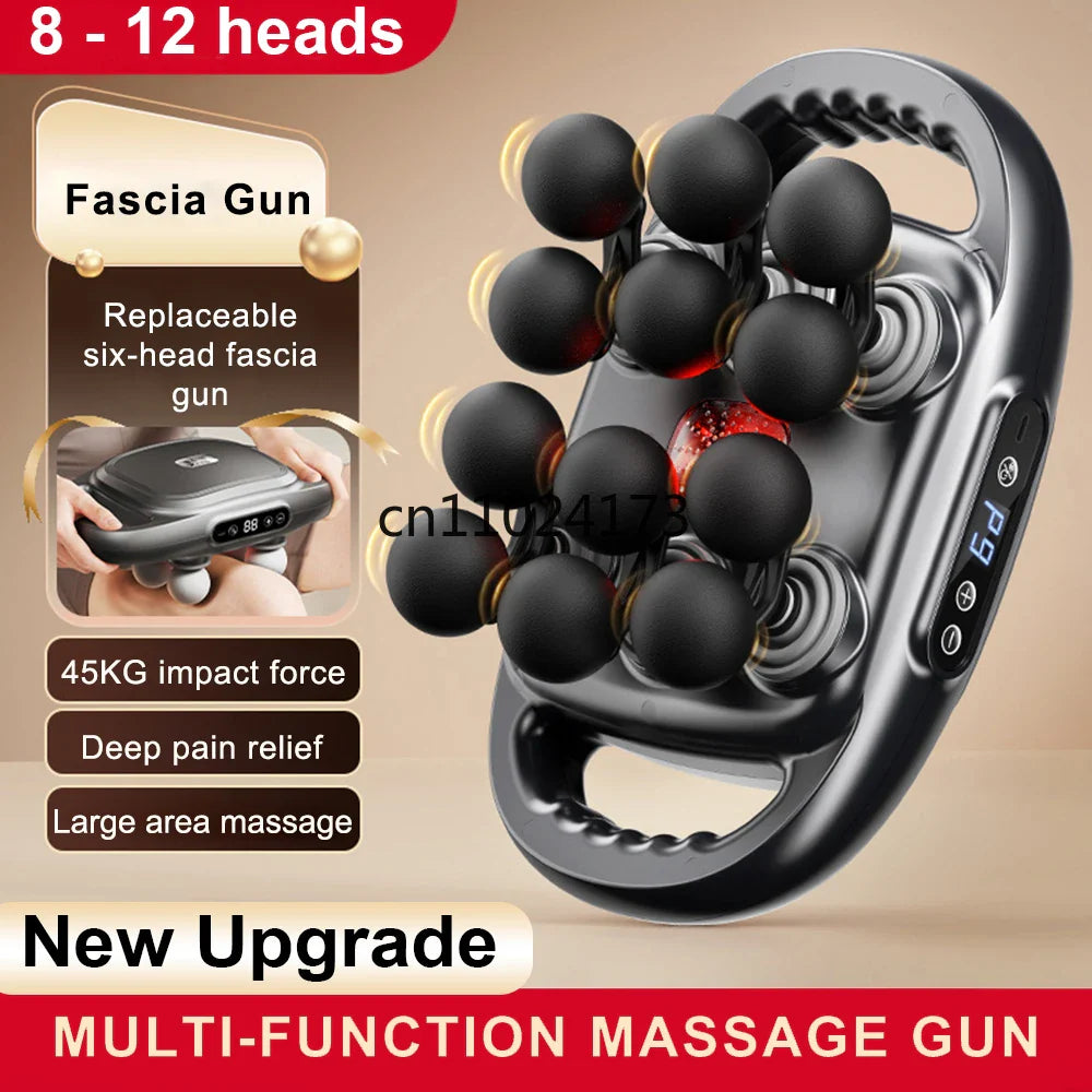 Fascia Massage Gun with 12/8 Heads — Electric Deep Tissue Muscle Relaxation Gun, High-Frequency Back & Body Massager
