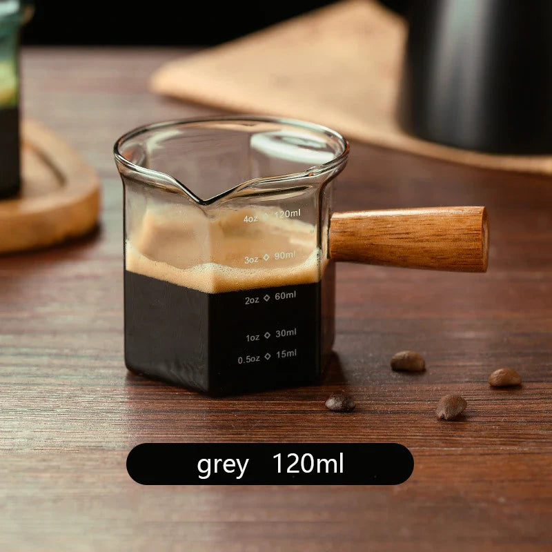 120ml Glass Espresso Measuring Cup with Wooden Handle — Hexagon Coffee Milk Jug & Sauce Pitcher