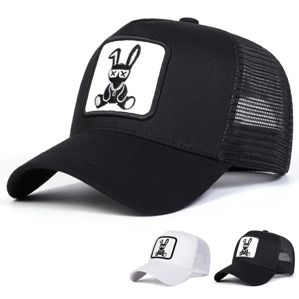 Cartoon Rabbit Embroidery Cap - Adjustable Mesh Baseball Hat with Sun Protection for Spring & Summer Outdoor Wear