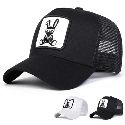 Cartoon Rabbit Embroidery Cap - Adjustable Mesh Baseball Hat with Sun Protection for Spring & Summer Outdoor Wear