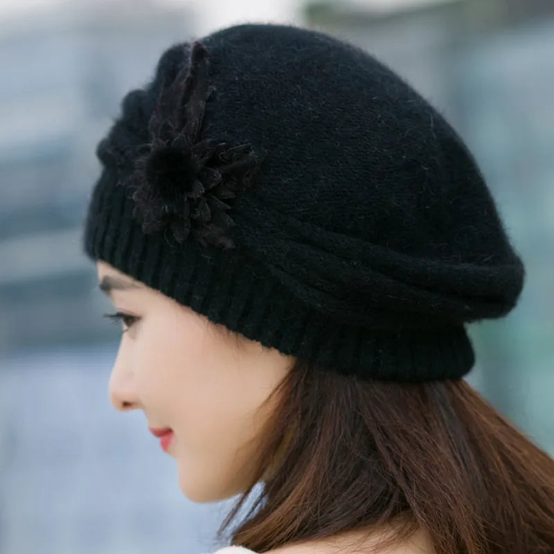 Women’s Winter Flower Beret – Thick Knitted Wool Hat, Warm Autumn & Winter Mom Hat