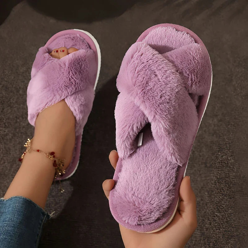 Women’s Fluffy Furry Cross Slippers – Lightweight Flat Fur Slides Non-Slip Open Toe for Autumn & Winter