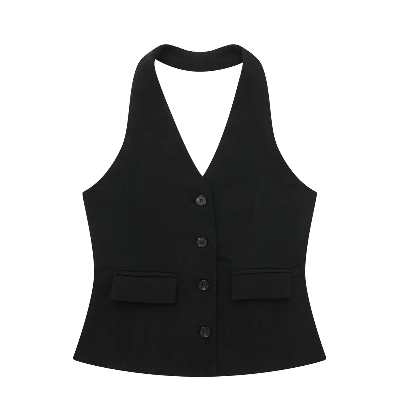 TRAFZA Women’s 2-Piece Set — Sleeveless Halter Vest Top with High-Waist Wide Leg Pants & Zipper Pockets