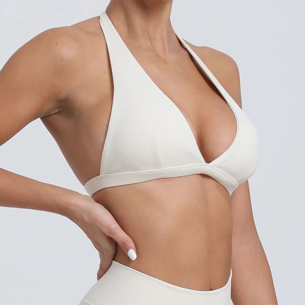 WANAYOU Women’s Deep V Yoga Bra — Halter Sports Crop Top | Padded Open-Back Gym & Fitness Workout Top