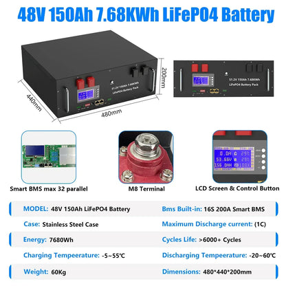 LiFePO4 48V 100Ah/200Ah Lithium Solar Battery Pack – 51.2V 10kW, 6000 Cycles, 16S 200A BMS, Max 32 Parallel for Inverter
