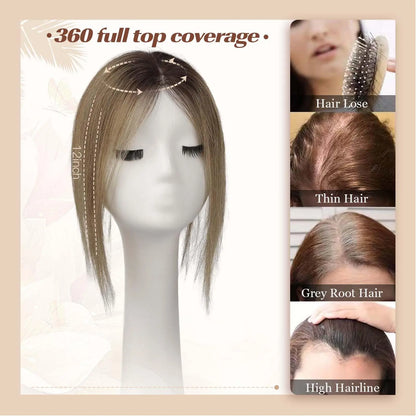 Blonde Brown Ombre Hair Topper – 100% Remy Human Hair, 12" Silk Base, 150% Density, 3-Clip Hairpiece for Women