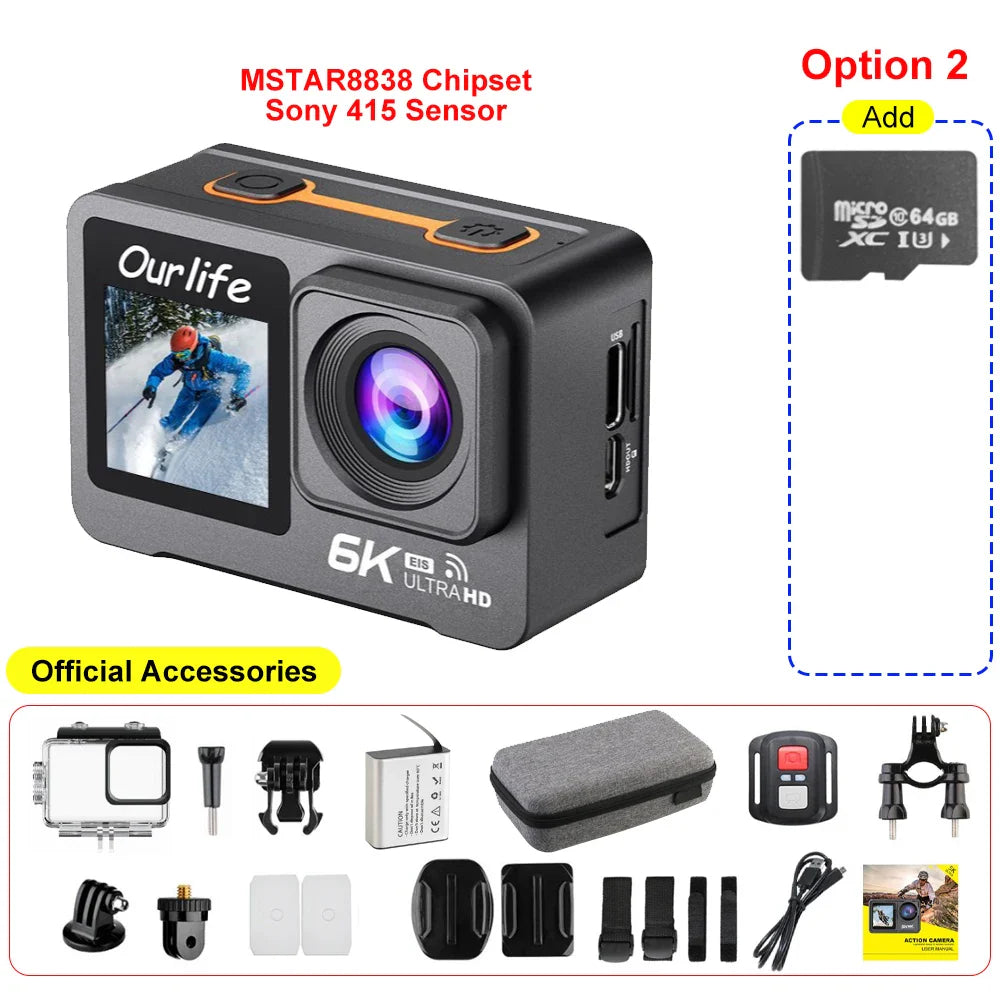 6K 4K60FPS Action Camera – 50MP Dual Screen, 2.0" Touch LCD, EIS, WiFi, 170° Lens, 30M Waterproof, 5X Zoom with Remote