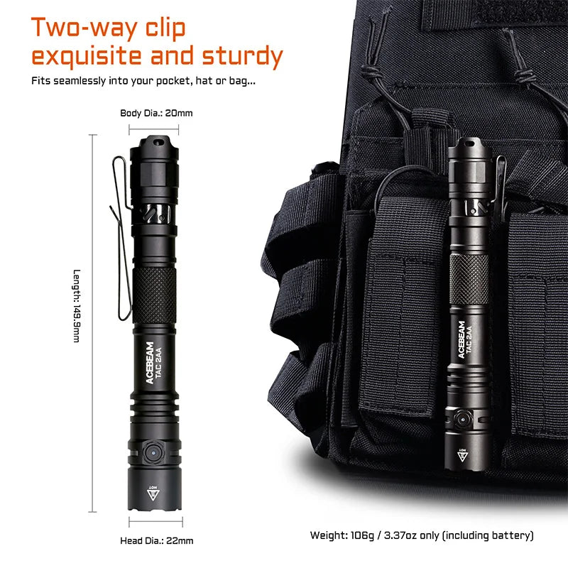 ACEBEAM TAC 2AA LED Flashlight — 1600 Lumen Portable EDC Torch, 181m Beam, USB-C Rechargeable with Dual Buttons