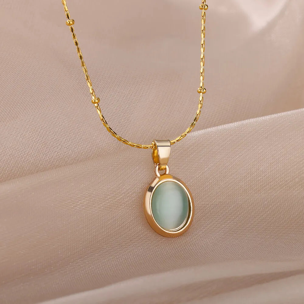 Fashion Opal Oval Necklace for Women – Gold Stainless Steel Pendant, Aesthetic Wedding Jewelry Gift