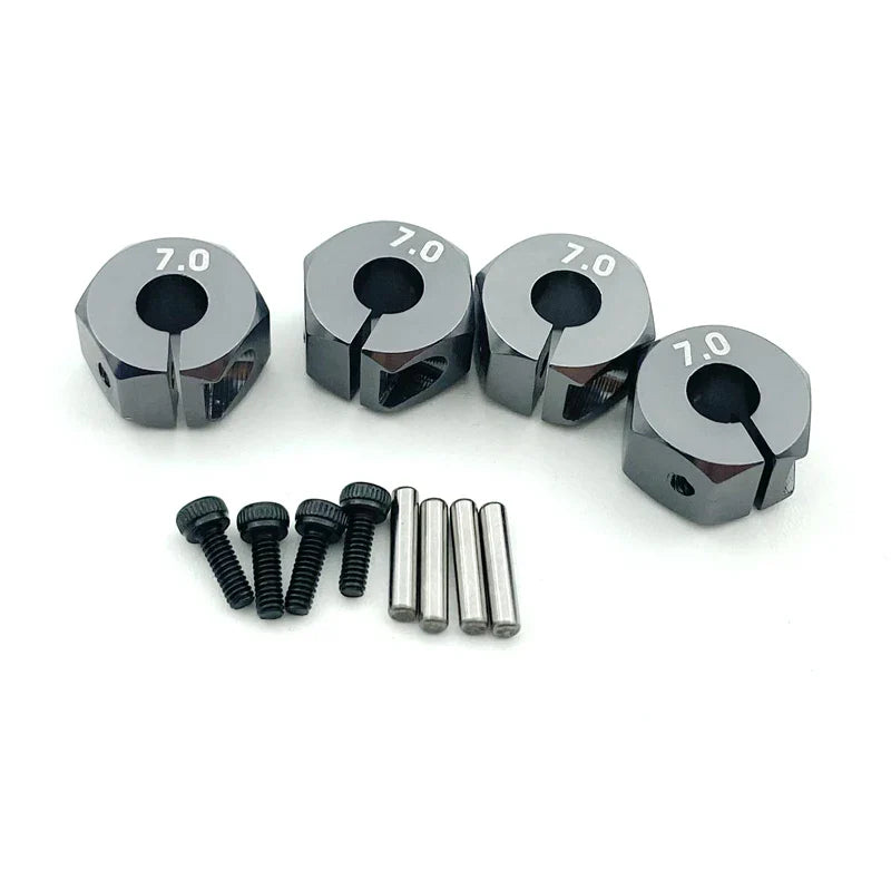 4PCS Aluminum Wheel Hex Hubs — 12mm Drive with Pins & Screws, 5/6/7mm Thickness for RC Cars, Crawlers, HSP, Tamiya, SCX10 & Slash