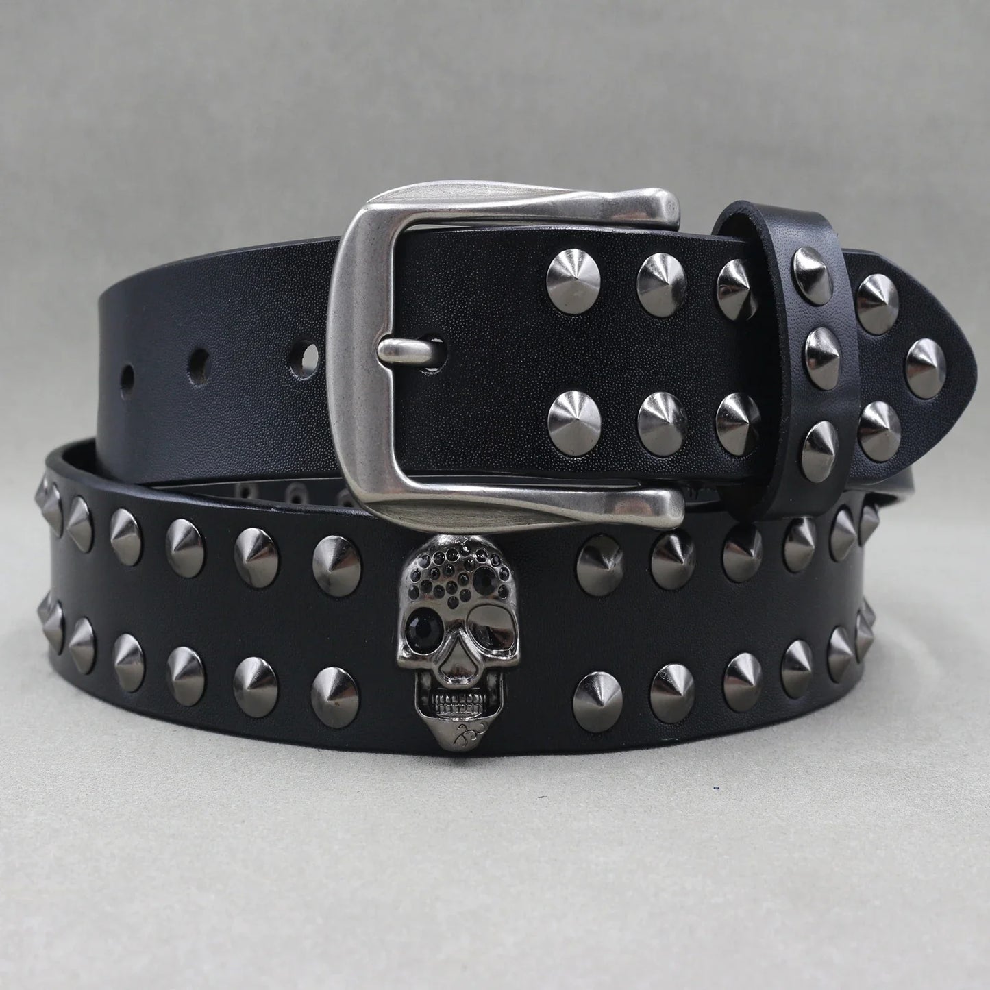 Men’s Designer Rivet Belt – Genuine Cowhide Leather Punk Rock Pin Belt for Jeans, Luxury Black Leather Belt