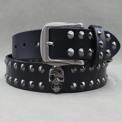 Men’s Designer Rivet Belt – Genuine Cowhide Leather Punk Rock Pin Belt for Jeans, Luxury Black Leather Belt