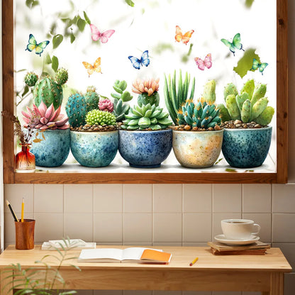 Succulent & Cactus Window Clings - Removable Potted Plant and Butterfly Wall Stickers