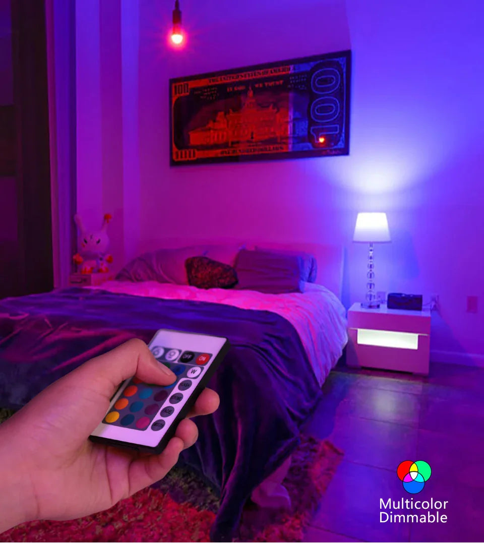16-Color RGB LED Bulb E27 – Dimmable Multicolor 220V Household Lighting with 24-Key Remote & Neon Atmosphere Light