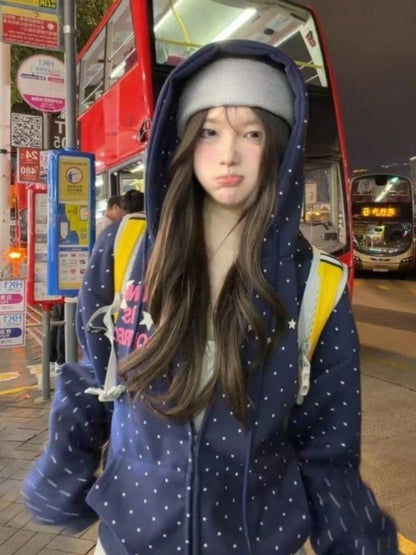 Women’s Y2K Star & Polka Dot Hoodie - Loose Casual Letter Print Sweatshirt Jacket