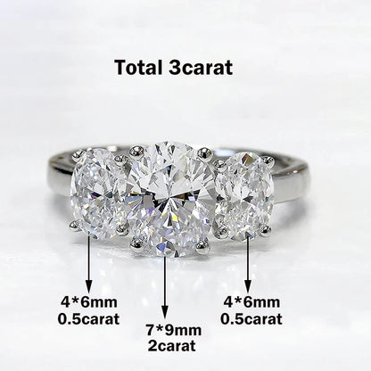 Certified 3/6cttw Real Moissanite 3-Stone Oval Engagement Ring — 925 Sterling Silver Wedding Band for Women