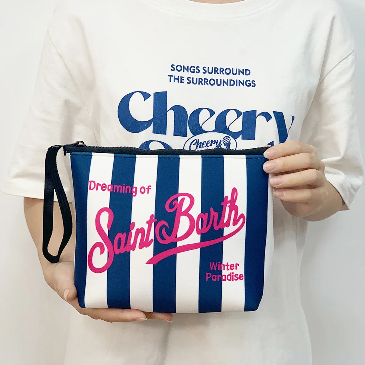 S-SAINT BARTH Pink Neoprene Clutch Bag – Trendy Vertical Zip Pouch Makeup & Toiletry Purse for Women