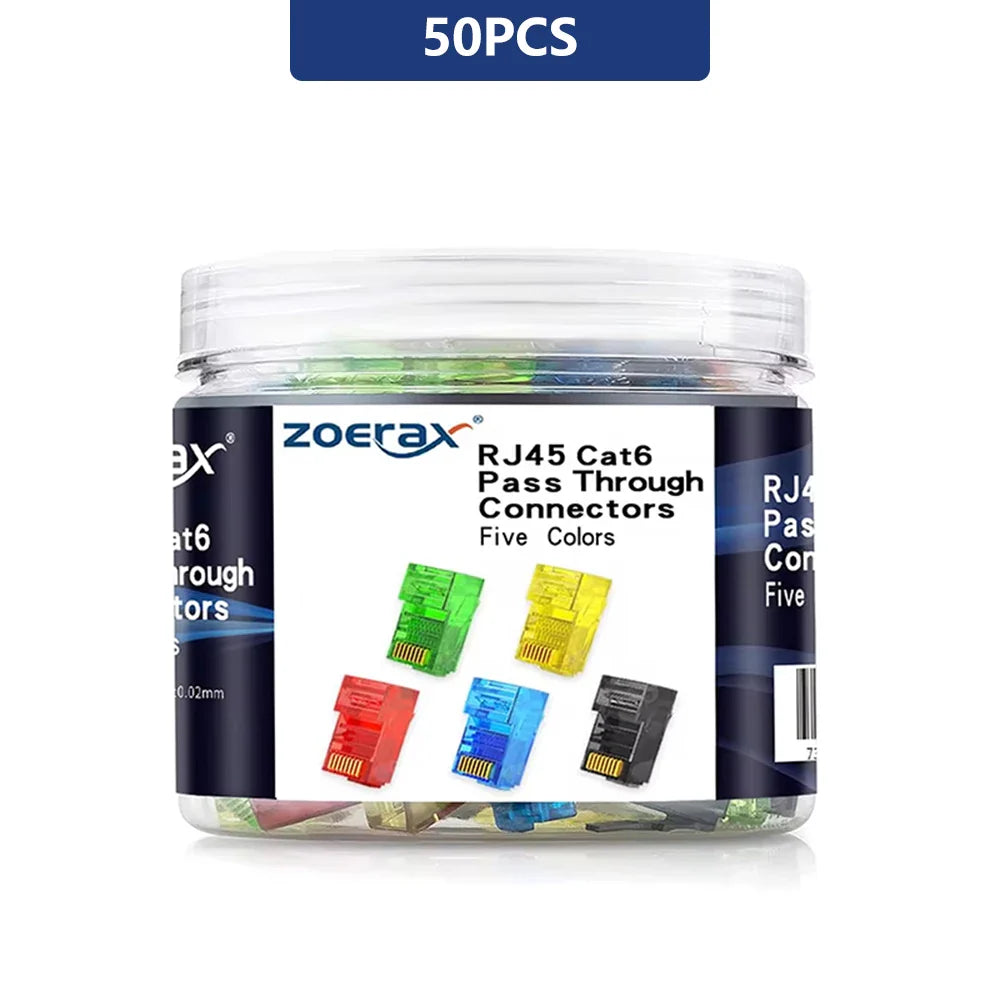 ZoeRax RJ45 Cat6 Pass-Through Connectors — 50/100/200PCS Modular Plugs 1.1mm | Solid & Stranded FTP/STP Cable