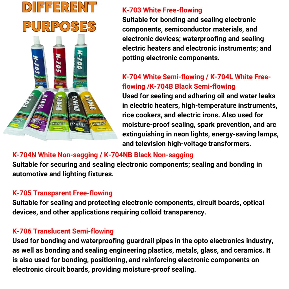 K-703/704/705/706 RTV Silicone Adhesive - 45g Industrial Rubber Sealant for Electronics & Components
