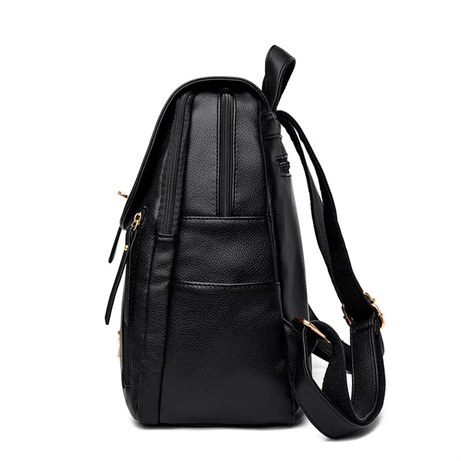 Luxury Leather Backpack for Women - Vintage Black Daypack, Casual School Bag for Girls, Mochila Rucksack Style