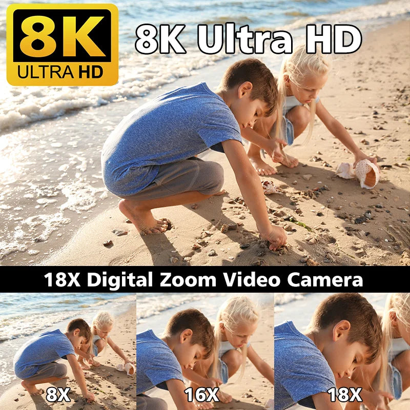 8K HD Video Camera – 3-Inch LCD Touch Screen, 18X Digital Zoom, Ultra HD, WIFI Portable Camcorder Recorder