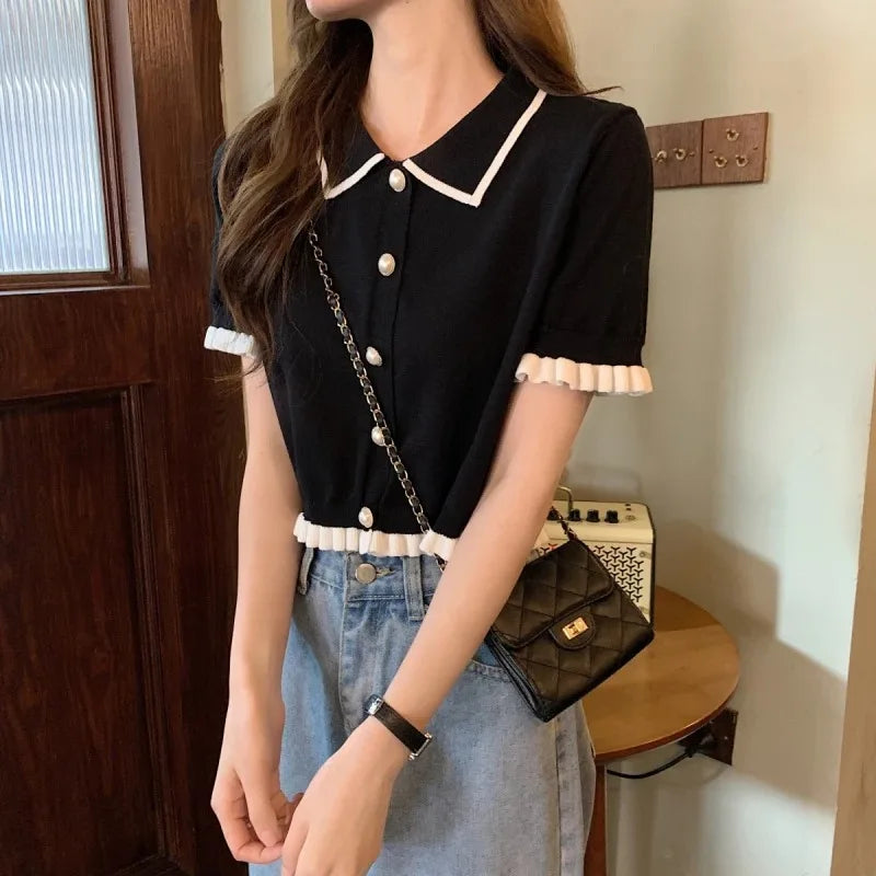 Women’s Summer Knitted Blouse — Chic Retro Slim Short Sleeve Crop Top, All-Match Style