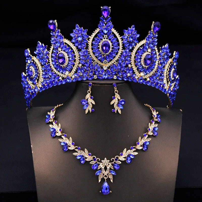 Rhinestone Bridal Tiara Jewelry Set - Wedding Crown with Necklace and Earrings for Women