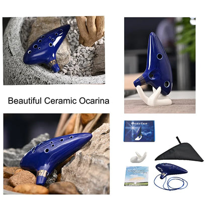12 Tone Alto C Ocarina – Ceramic Musical Instrument with Songbook, Neck Cord & Carry Bag, Blue