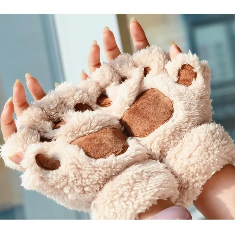 Cartoon Cute Cat Claw Paw Gloves - Women's Plush Mittens for Warmth and Style - Soft, Fingerless, Fluffy Bear Cat Costume Gloves