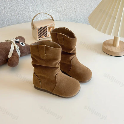 Children’s Leather Cowboy Boots – Girls Retro 2025 Autumn/Winter Warm Outdoor Anti-Slip Short Flats