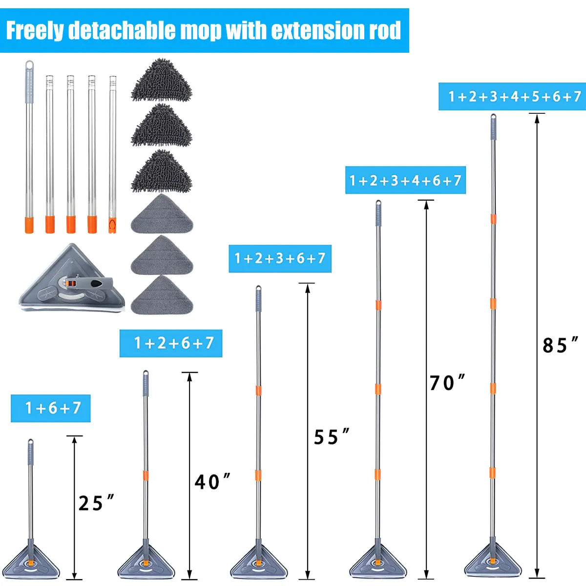 360° Rotating Triangle Wall Mop | Long Handle Adjustable Microfiber Mop for Dry & Wet Cleaning | Floor & Wall Dust Cleaner
