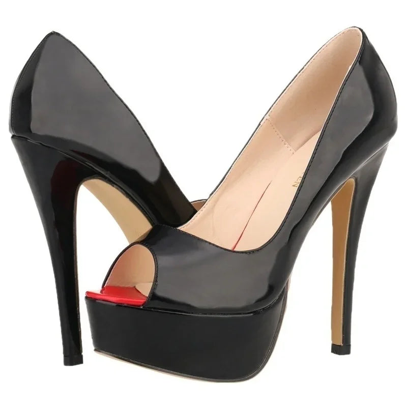 Women’s Sexy Platform Peep Toe Pumps – 14cm Stiletto Patent Leather High Heels for Party & Wedding
