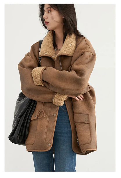 CHIC VEN Women's Reversible Jacket – Thick Suede, Motorcycle Style, Loose Fit Winter & Autumn Outerwear 2023