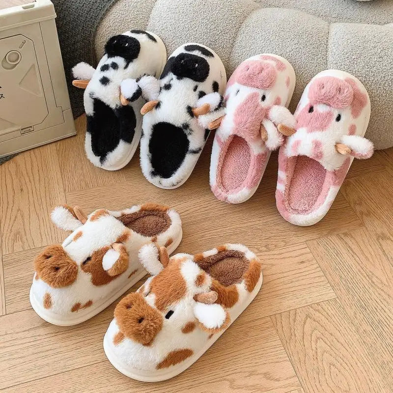 Women’s Fluffy Cartoon Cow Slippers – Cute Casual Flat Plush Winter Platform Shoes for Home