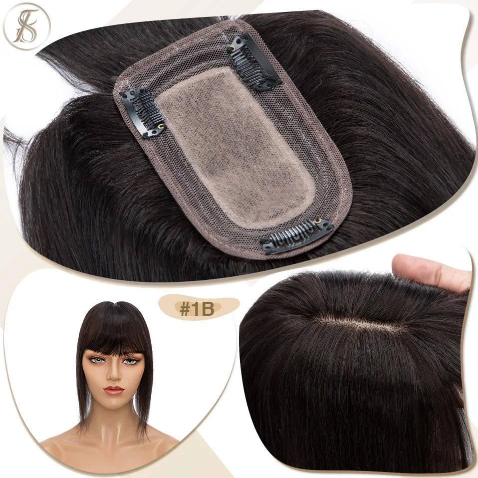TESS Women Human Hair Topper With Bangs - 7x12.5cm Silk Base Clip In Hair Extension Natural Wigpiece