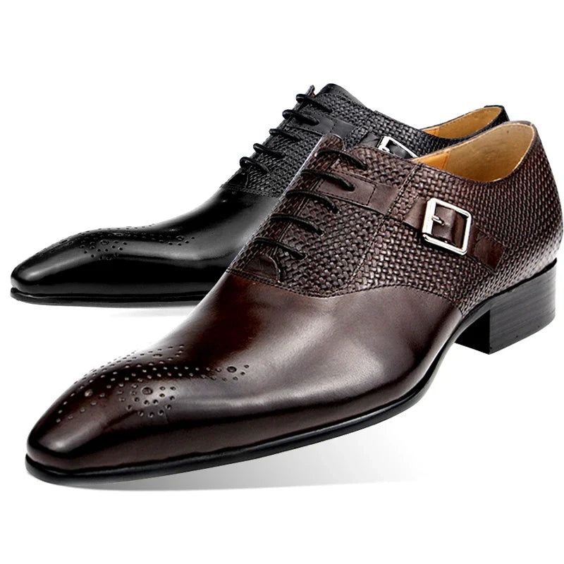 Men’s Genuine Leather Formal Shoes - Fashion Lace-Up Wedding Brogue Dress Shoes with Woven Design