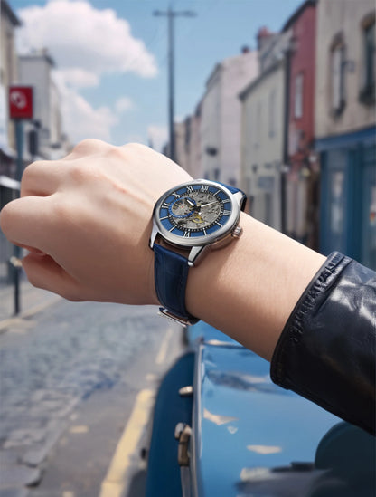 LONGLUX Rome Automatic Mechanical Waterproof Men’s Watch – Hollow Dial Leather Wristwatch Gift