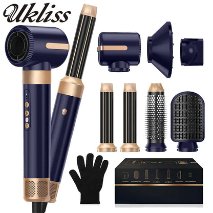 UKLISS 7-in-1 Hair Dryer Brush & Air Styler Set – Curling Iron, Round Brush & Straightener All-in-One Styling Tool for Women