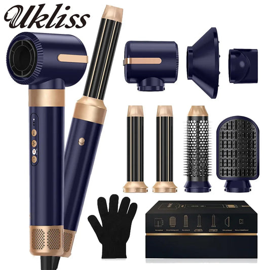 UKLISS 7-in-1 Hair Dryer Brush & Air Styler Set – Curling Iron, Round Brush & Straightener All-in-One Styling Tool for Women