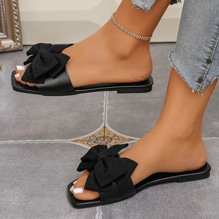 Women's Bow Tie Flat Slippers - Casual Summer Beach Sandals