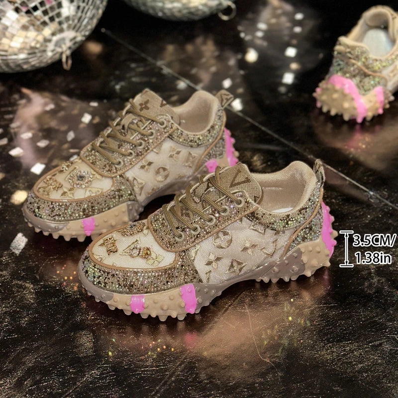 Women’s Casual Sneakers – Luxury Rhinestone Platform Sports Shoes, Fashionable Outdoor Footwear