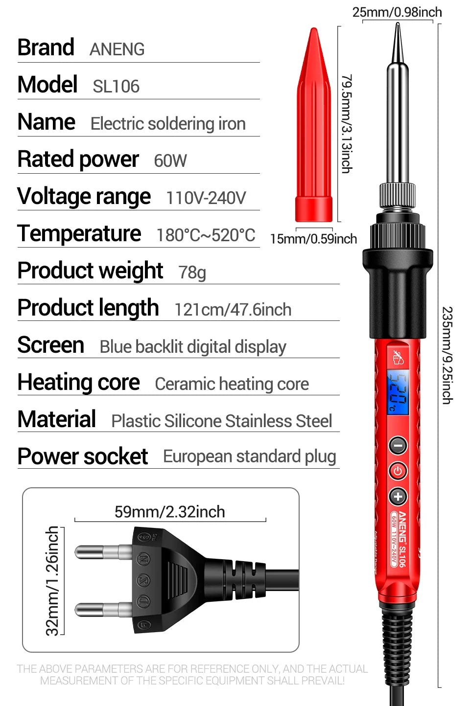 ANENG SL106 Electric Soldering Iron – Adjustable Temperature Welding & Rework Station with Heat Pencil Tip, 110V/220V