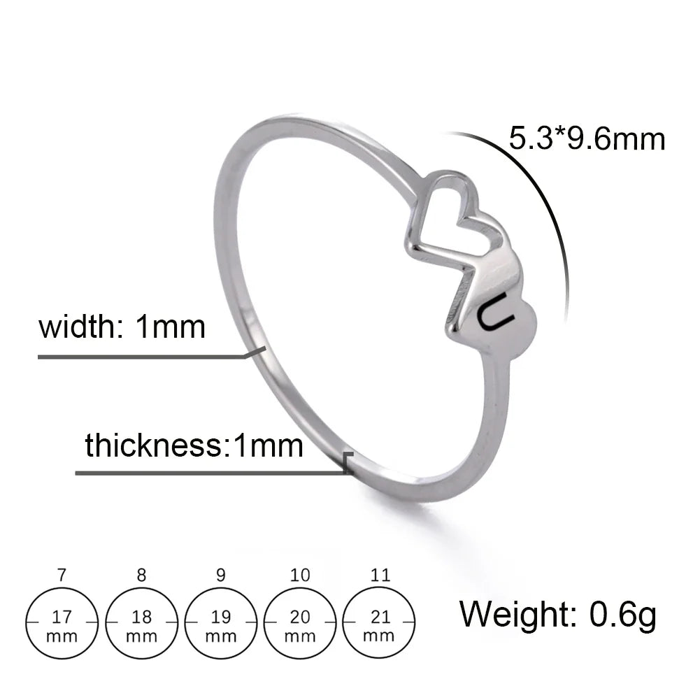 HIPEE Stainless Steel Letter Ring - A-Z Alphabet Double Heart Hollow Charm Ring for Women Wedding Jewelry Gift