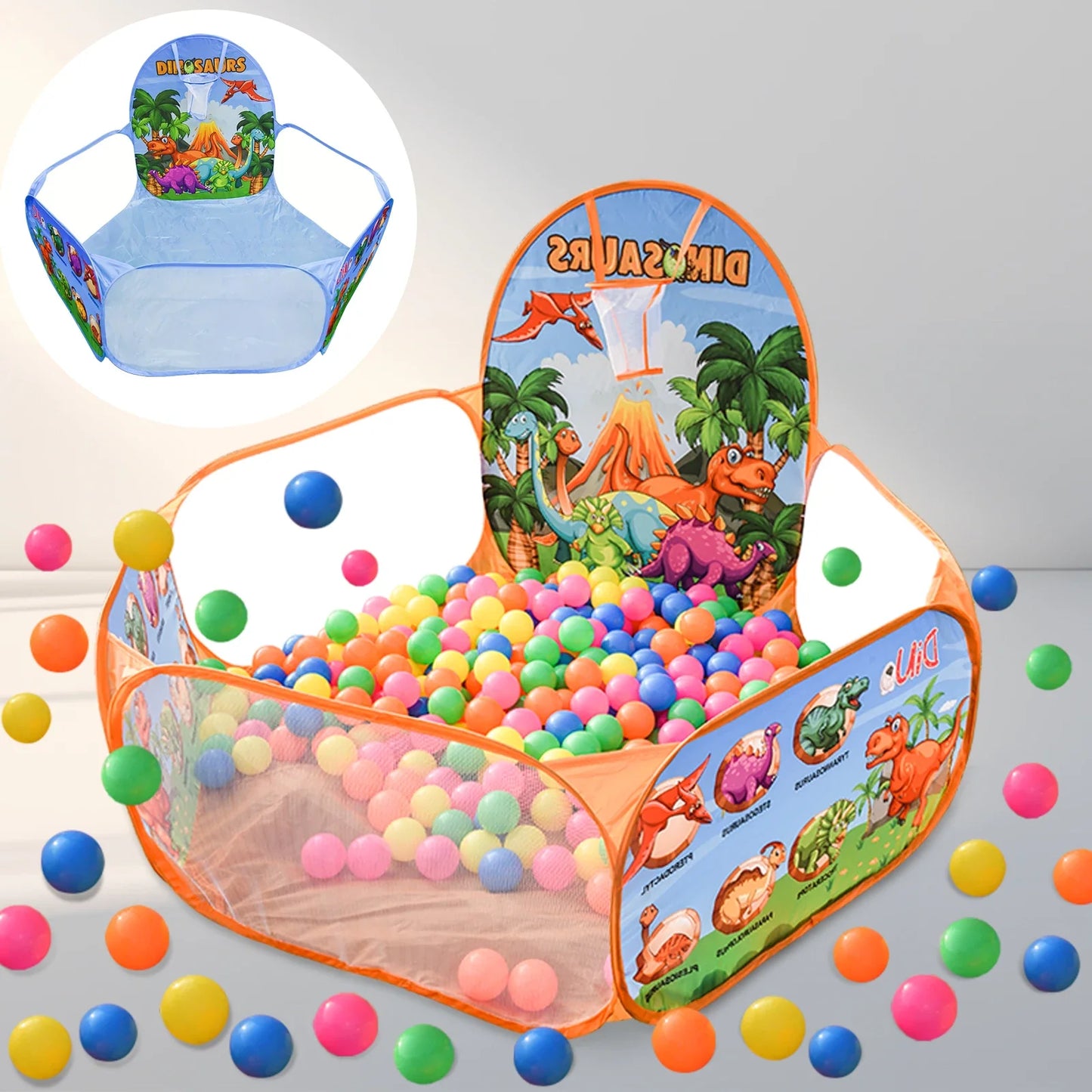 Cartoon Dinosaur Ball Pool Tent – Blue & Orange Foldable Indoor/Outdoor Play Tent for Kids (Balls Not Included)