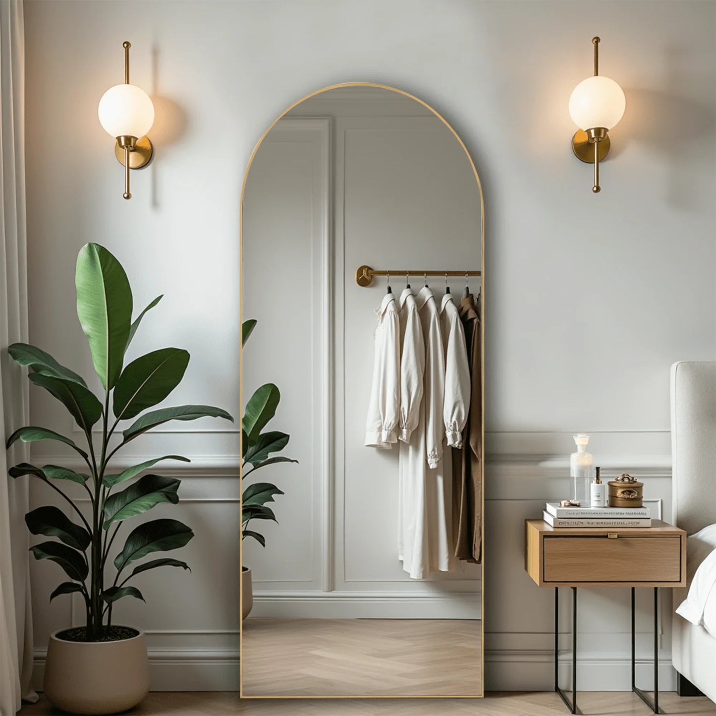 59-inch Arched Full-Length Floor Mirror — Standing Full Body Mirror with Gold Aluminum Alloy Frame & Bracket