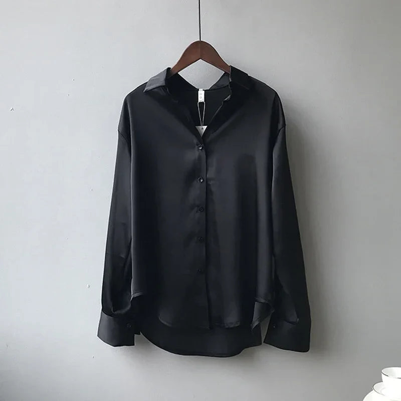 Elegant Satin Women’s Shirt — Loose Vintage Blouse with Turn-Down Collar for Spring & Autumn