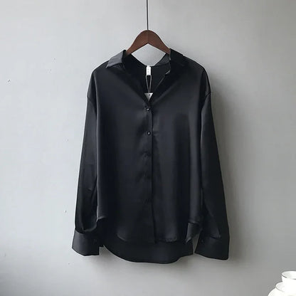Elegant Satin Women’s Shirt — Loose Vintage Blouse with Turn-Down Collar for Spring & Autumn