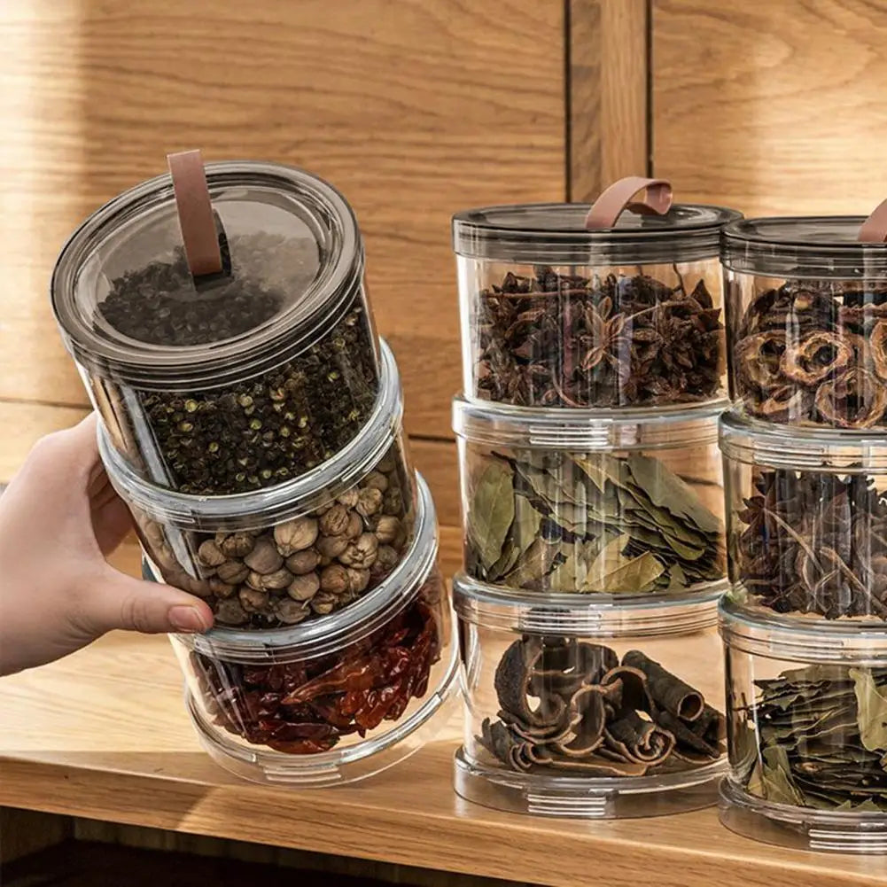 Airtight Round Spice Jars – Stackable Clear Seasoning Storage Organizer with Handle for Kitchen & Pantry