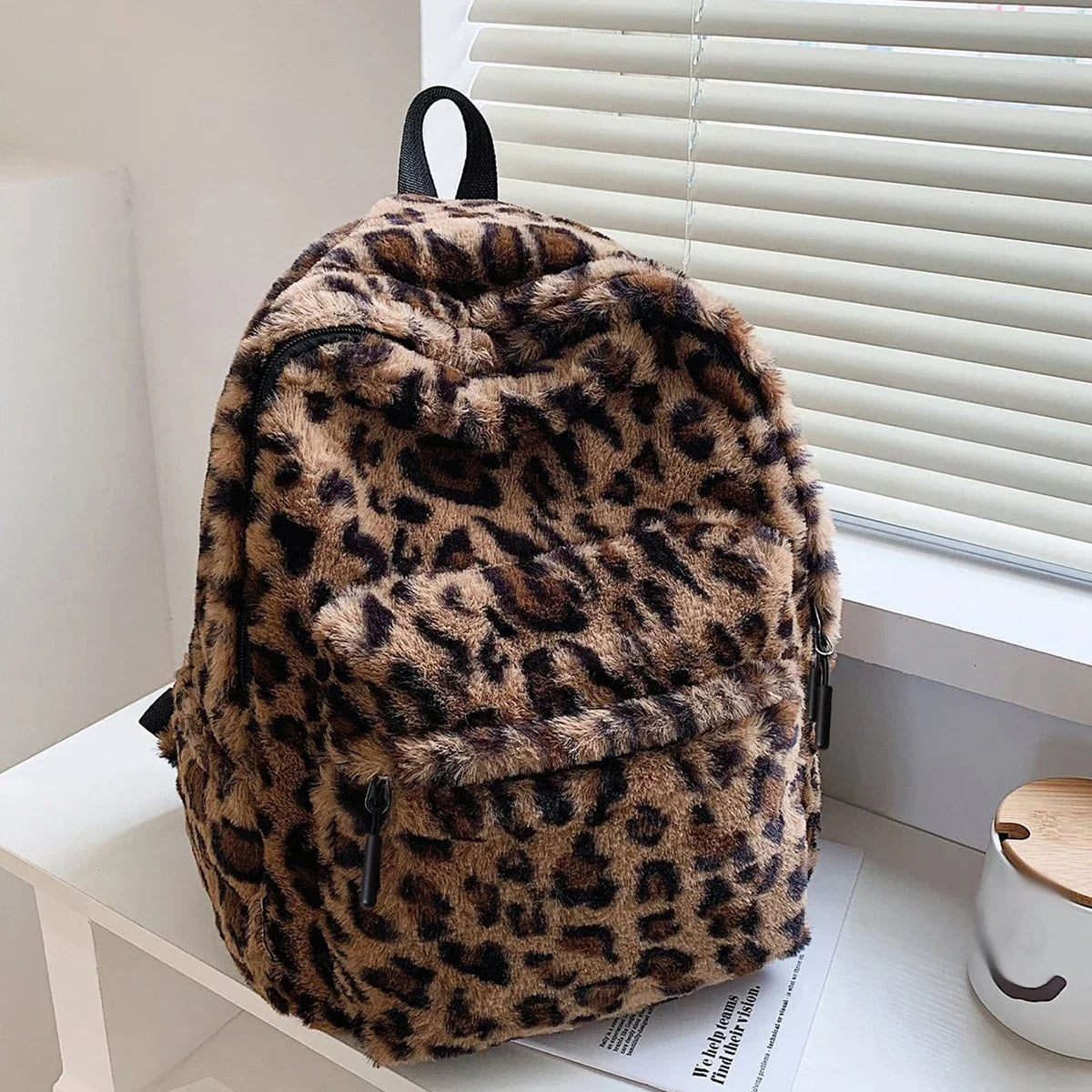 Women's Leopard Plush Backpack - Large Capacity Multi-Pocket Commuter Bag